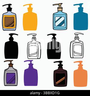 Symbole für Hygiene- und Reinigungsprodukte, Vektorsatz von Pumpenspenderflaschen. Stock Vektor