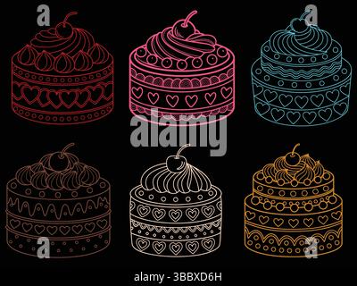 Sammlung dekorativer Kuchen- und Cupcake-Linien, Bäckerei- und Dessertsymbole. Stock Vektor