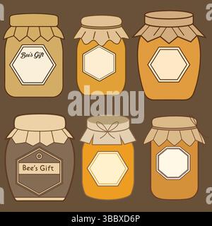Buntes Honigglas Set mit Bienenetiketten, Vektor-Illustration. Stock Vektor