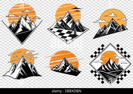 Sammlung von Bergketten und Sunset Logos für Outdoor und Reisen. Stock Vektor