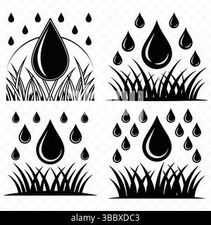 Sammlung von vier identischen Silhouettensymbolen für Regen und Gras, Naturkonzept. Stock Vektor