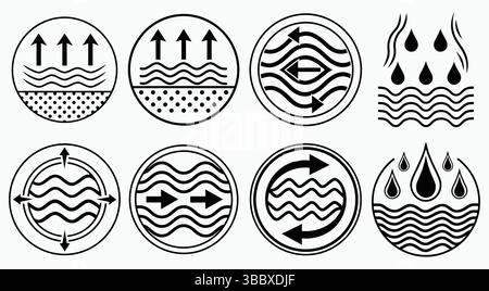 Symbole für technische Spezifikationen aus Stoff und Material (wasserabweisend, atmungsaktiv, feuchtigkeitsableitend). Stock Vektor