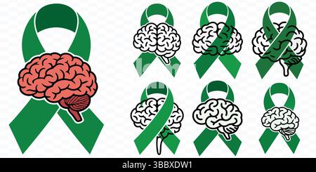 Sammlung von grünen Bändern und Gehirnen, Symbole für psychische Gesundheit oder Hirnverletzung Bewusstsein. Stock Vektor