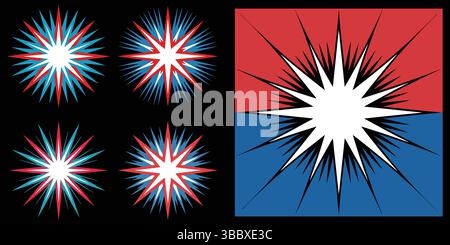 Sammlung von Starburst- und Speed-Line-Effekten im Comic-Stil. Abstrakte patriotische Starburst- und Explosionsvektorillustrationen. Stock Vektor