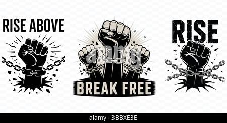 Erhobene Protestfaust mit gebrochenen Fesseln, Symbol für Freiheit und Revolution. Stock Vektor