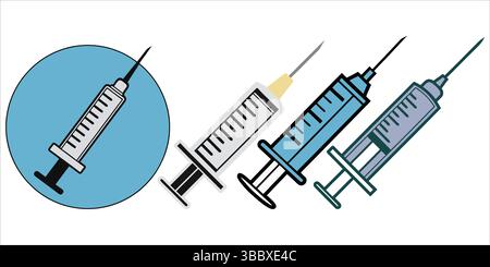 Sammlung von vier medizinischen Spritzensymbolen, Impfungs- und Injektionskonzept. Stock Vektor