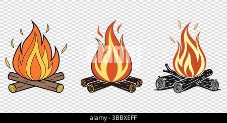 Camping Feuer Vektor Illustrationen, isoliert auf weißem und transparentem Hintergrund. Stock Vektor
