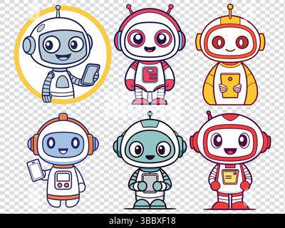 Sammlung von sechs niedlichen Zeichentrickrobotern in verschiedenen Farben. Vektor-Illustration Set von freundlichen android Maskottchen. Flache Design-Symbole für Kinder, te Stock Vektor