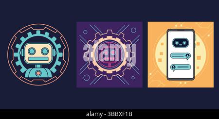 Satz futuristischer Vektorsymbole für künstliche Intelligenz. Enthält einen Roboterkopf in einem Getriebe mit Schaltmustern und ein Smartphone, das einen KI-Chatbo anzeigt Stock Vektor
