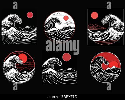 Set aus sechs stilvollen Wellendrucken, inspiriert von traditioneller japanischer Ukiyo-e-Kunst. Vektor-Illustration der Großen Welle mit einer roten Sonne. Schwarz-weiß-ori Stock Vektor