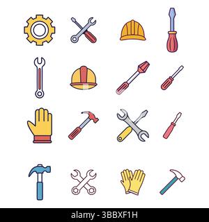 Sammlung farbenfroher Konstruktions- und Handwerker-Symbole. Vektorset enthält Hammer, Schraubendreher, Helm, Handschuhe, und Zange. Flaches Design Stock Vektor