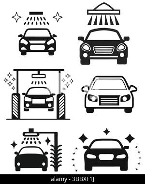 Symbole für die Waschanlage gesetzt. Schwarz-weiße Vektorsymbole für automatische Detaillierungs- und Reinigungsdienste. Mit Waschautomatik, Hochdruckreiniger und Fahrzeugsilhouette Stock Vektor