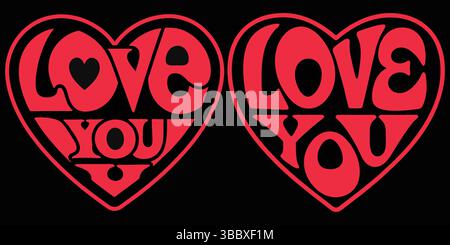Zwei rote Herzformen mit „Love You“-Typografie. Retro 70s psychedelische Stil Vektor Illustration. Romantisches Grafikdesign für Valentinskarten, t Stock Vektor