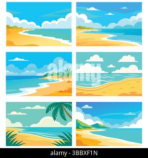 Sammlung von sechs lebendigen Strand- und tropischen Inselszenen. Vektor-Illustrationen von Sommerurlaubslandschaften mit Meer, Sand und blauem Himmel. Flaches Desi Stock Vektor