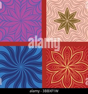 Set aus vier Fliesen mit farbenfrohen und abstrakten Blumenmustern. Sammlung von farbenfrohen geometrischen oder psychedelischen Zierdesigns. Vektordarstellung für bac Stock Vektor