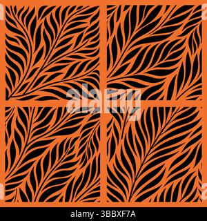 Ein Satz von vier nahtlosen Fliesen mit Blumenmuster. Schwarze abstrakte Blätter- und Weinrebensilhouetten auf orangem Hintergrund. Vektorillustration für Hintergründe, wa Stock Vektor