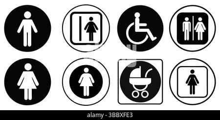 Sammlung von Symbolen für Toiletten und Barrierefreiheit in Schwarz-weiß. Stock Vektor