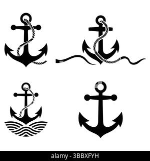 Vektorillustrationssatz nautischer Anker in Schwarz-weiß für Designprojekte Stock Vektor