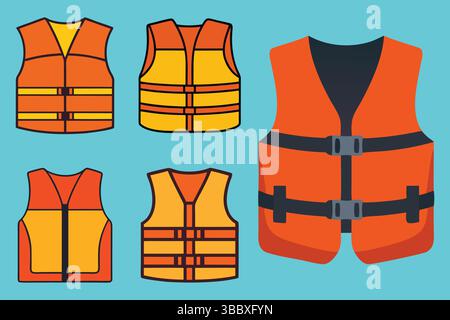 Kollektion von orangen und gelben Schwimmwesten in verschiedenen Designs auf blauem Hintergrund Stock Vektor