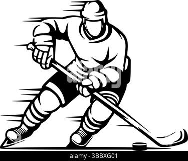 Dynamische Eishockeyspieler-Silhouette in Bewegung – Schwarz-weiß-Vektor-Illustration Stock Vektor