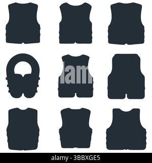 Neun verschiedene Silhouetten von Sicherheitswesten, die verschiedene Arten zum Schutz und zur Sicherheit darstellen Stock Vektor