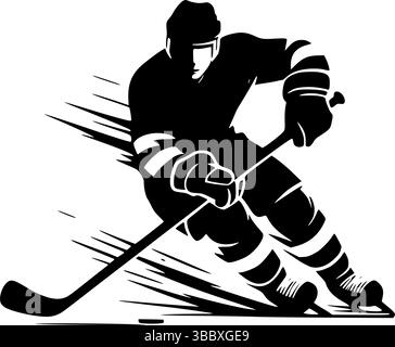 Dynamische Eishockeyspieler-Silhouette in Bewegung – Schwarz-weiß-Vektor-Illustration Stock Vektor