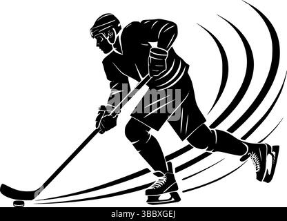 Dynamische Eishockeyspieler-Silhouette in Bewegung – Schwarz-weiß-Vektor-Illustration Stock Vektor