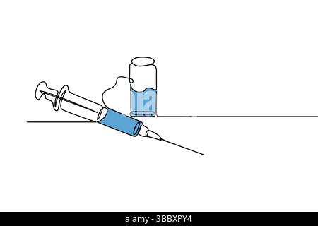 Impfstoff und Spritze durchgehende eine Linie Kunstzeichnung und Impfstoff-Symbol einfache Vektor-Illustration Stock Vektor