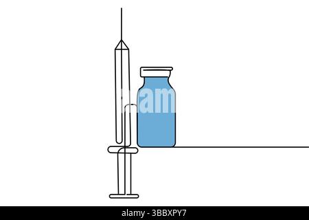 Impfstoff und Spritze durchgehende eine Linie Kunstzeichnung und Impfstoff-Symbol einfache Vektor-Illustration Stock Vektor