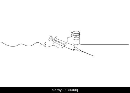 Impfstoff und Spritze durchgehende eine Linie Kunstzeichnung und Impfstoff-Symbol einfache Vektor-Illustration Stock Vektor