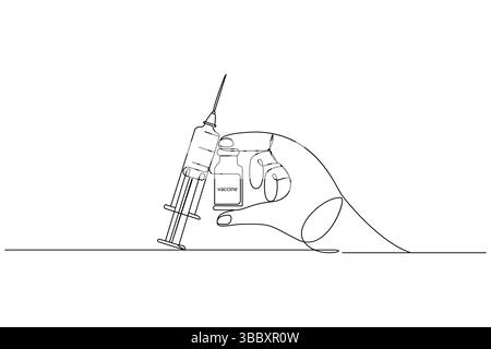 Impfstoff und Spritze durchgehende eine Linie Kunstzeichnung und Impfstoff-Symbol einfache Vektor-Illustration Stock Vektor