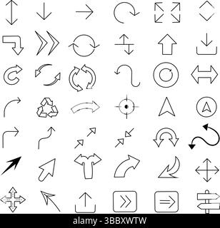 42 Pfeil- und Richtungssymbole – Navigation in Linienart, Bewegung und Schnittstellensymbole Stock Vektor
