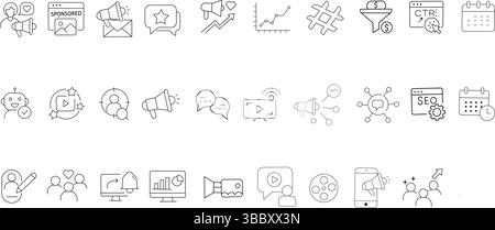 Symbole für digitales Marketing und soziale Medien – Analytics, Conversion, SEO, Influencer, Kampagne, Chatbot Stock Vektor