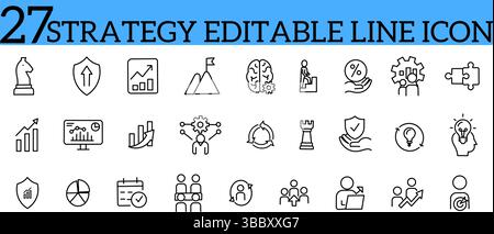 Strategiezeile bearbeitbare Symbolgruppe. Vektor-Illustration im modernen dünnen Stil von strategiebezogenen Symbolen: Strategieziel, Teamwork, Erfolg, Wachstum und mehr. Piktogramme und Infografiken Stock Vektor