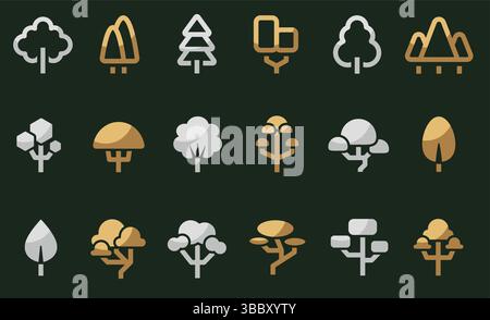 Luxuriöses Baumlogo. Kiefern und Eichen mit Blattemblem, abstrakte minimalistische Pinienwald-Logos, minimalistische botanische Silhouette, Natur-Öko Stock Vektor