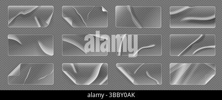 Transparenter Kunststoffaufkleber. Realistisches Klebeband, klarer Cellophanverband und faltige Kunststofffolienetiketten für Modelldesign. Vektor isoliert Stock Vektor