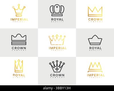 Kronenlogo. Luxuriöses königliches Premium-Logo mit Linien-Symbolen für Königskronen, elegantem geometrischem Gold und schwarzen Linien für Königskronen Stock Vektor