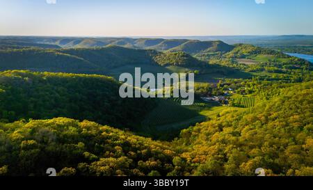 Aus der Vogelperspektive vom Apple Blossom Overlook Park mit sanften grünen Hügeln und Ackerland bei Sonnenuntergang mit goldenem Licht über die ländliche Landschaft von Wisconsin. Stockfoto