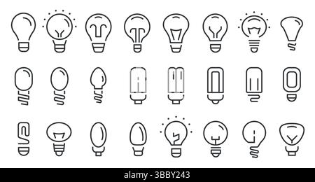 Glühlampen-Symbole. Elektrische Energieleuchten, minimalistische Stromstärke oder kreative Idee umreißen Schilder, Innovation Erfindung, glühende Lampe Stock Vektor