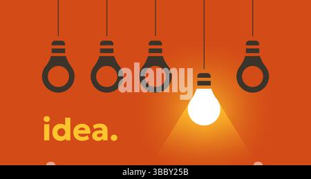 Konzept zur Aufhängung von Glühbirnen. Kreative Idee und Innovation mit Lichtlampe, Elektrizität und Geisteseinsicht. Geschäftsideen für Vektor-Flachglühlampen Stock Vektor