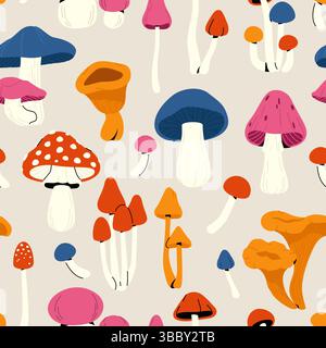 Muster der Herbstpilze. Nahtloser Druck des Herbst Forest Cartoon Pilzes, dekorativer Hintergrund mit bunten Krötenpilz und essbarem Pilz für Tapeten Stock Vektor