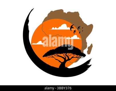 Afrikanisches Circle-Logo, Akazienbaum-Ikonen-Silhouette, Afrika-Karte am Sonnenuntergang. Natur, exotische Pflanze, Safari für Druck, Design oder digitale Kunst. Stock Vektor