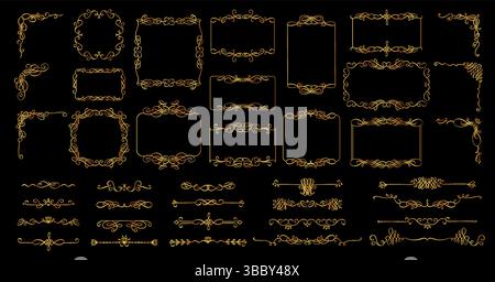 Goldene Vintage-Dekorrahmen. Goldene Art-Deco-Grenzen mit eleganten geometrischen Wirbelteilen und luxuriösen modernen Jugendstildekorationen für die Hochzeit Stock Vektor