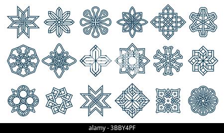 Islamische Ornamente. Koreanisches Blumenlogo, geometrische arabische dekorative Elemente, luxuriöses Art déco und minimalistische orientalische Blumenrahmen. Vektor Stock Vektor