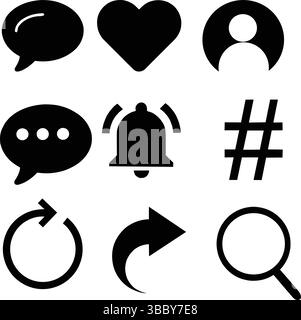 Silhouette von neun Social-Media-Symbolen, die in einem 3x3-Raster angeordnet sind und Nachrichten, Benachrichtigungen, Suche und digitale Interaktionen darstellen Stock Vektor