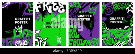 Street Art Poster. Graffiti-Hintergründe mit bunten Tintenspritzern und Grunge-Tags, cooles Urban Street Wall Painting Banner für Rap-Hip-Hop Cover Stock Vektor