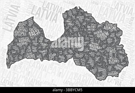 Lettland Regionen Map Word Cloud. Namen der Region Lettland. Schwarz-weiß-Kartendesign. Wunderschöne Vektorillustration. Stock Vektor