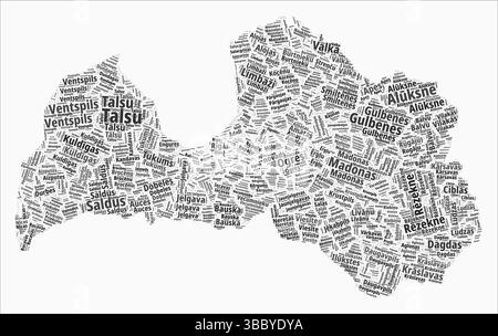 Lettland Textformatbereiche. Länderregion nennt Wortwolken in lettischer Sprache. Elegante Vektorillustration. Stock Vektor