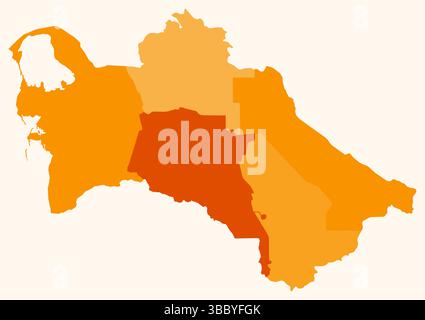 Karte von Turkmenistan mit Regionen. Nur eine einfache Ländergrenzkarte mit regionaler Aufteilung. Orangefarbene Farbpalette. Stock Vektor