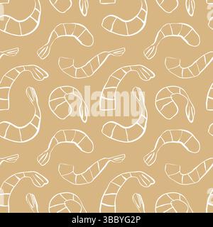 Nahtloses Muster mit weißen handgezeichneten Garnelen auf sandgelbem Hintergrund in einer Zeile ohne Schatten für Oberflächengestaltung Stock Vektor